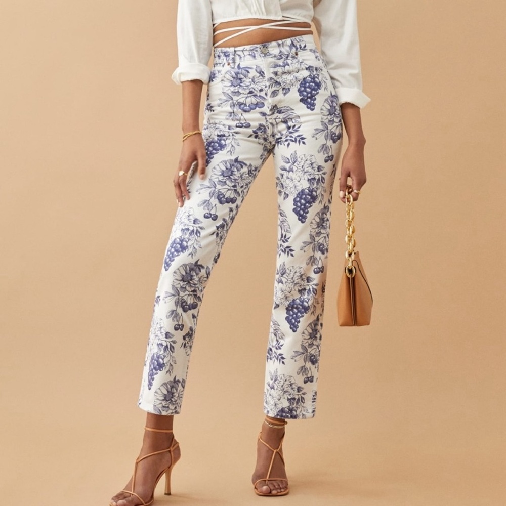 Reformation Cynthia Toile High Rise Straight Jeans Blue White Size 28 Button Fly